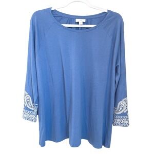 J.Jill Blue 3/4 Embroidered Sleeve T-Shirt Top Size M Cotton Modal Casual